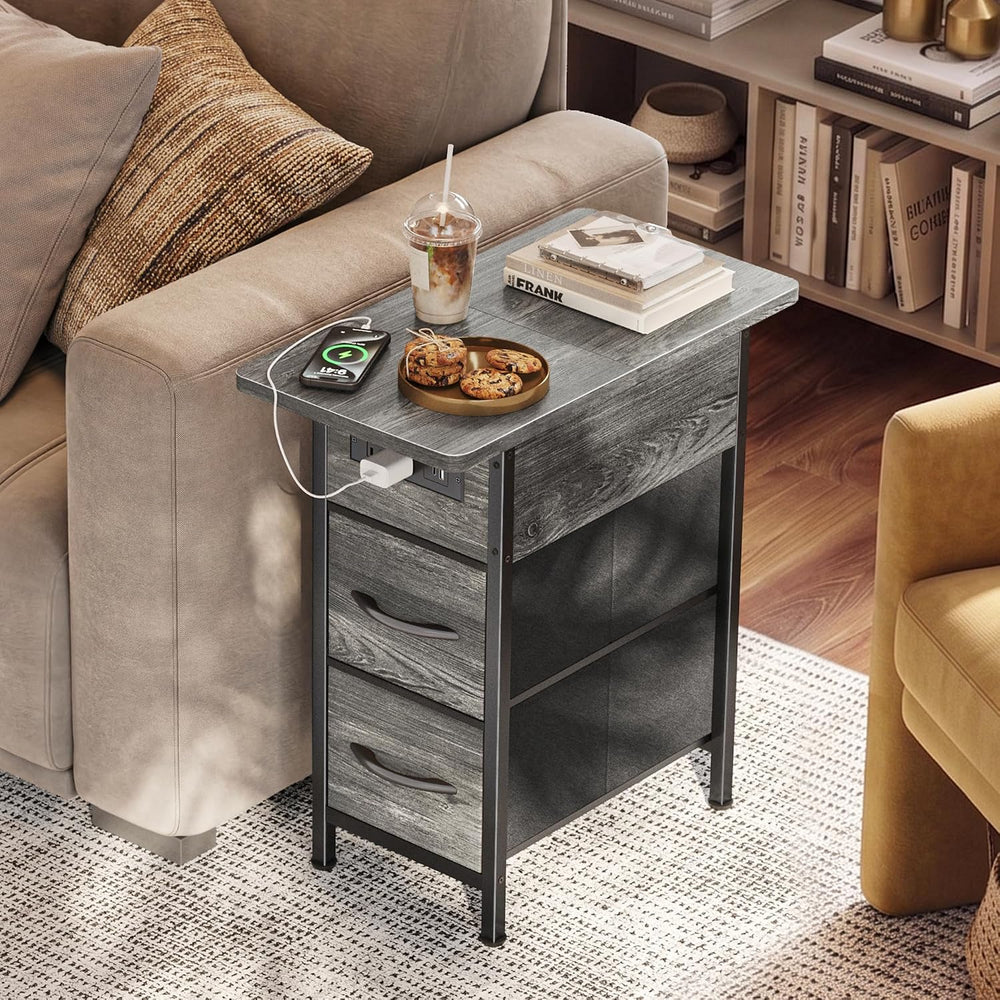 Huuger Narrow End Table with Charging Station, Flip Top Side Table with 2 Fab...