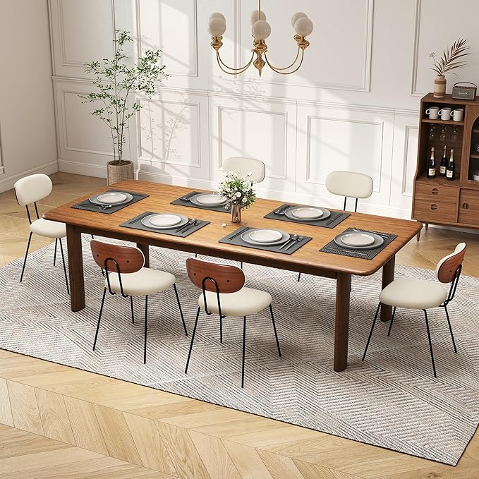 LSSPAID Dining Chairs Set of 6, Linen Fabric Upholstered Dining Room Chairs with Walnut Bentwood Back, Mid-Century Modern Kitchen Chairs with Adjustable Feet Pads, Beige