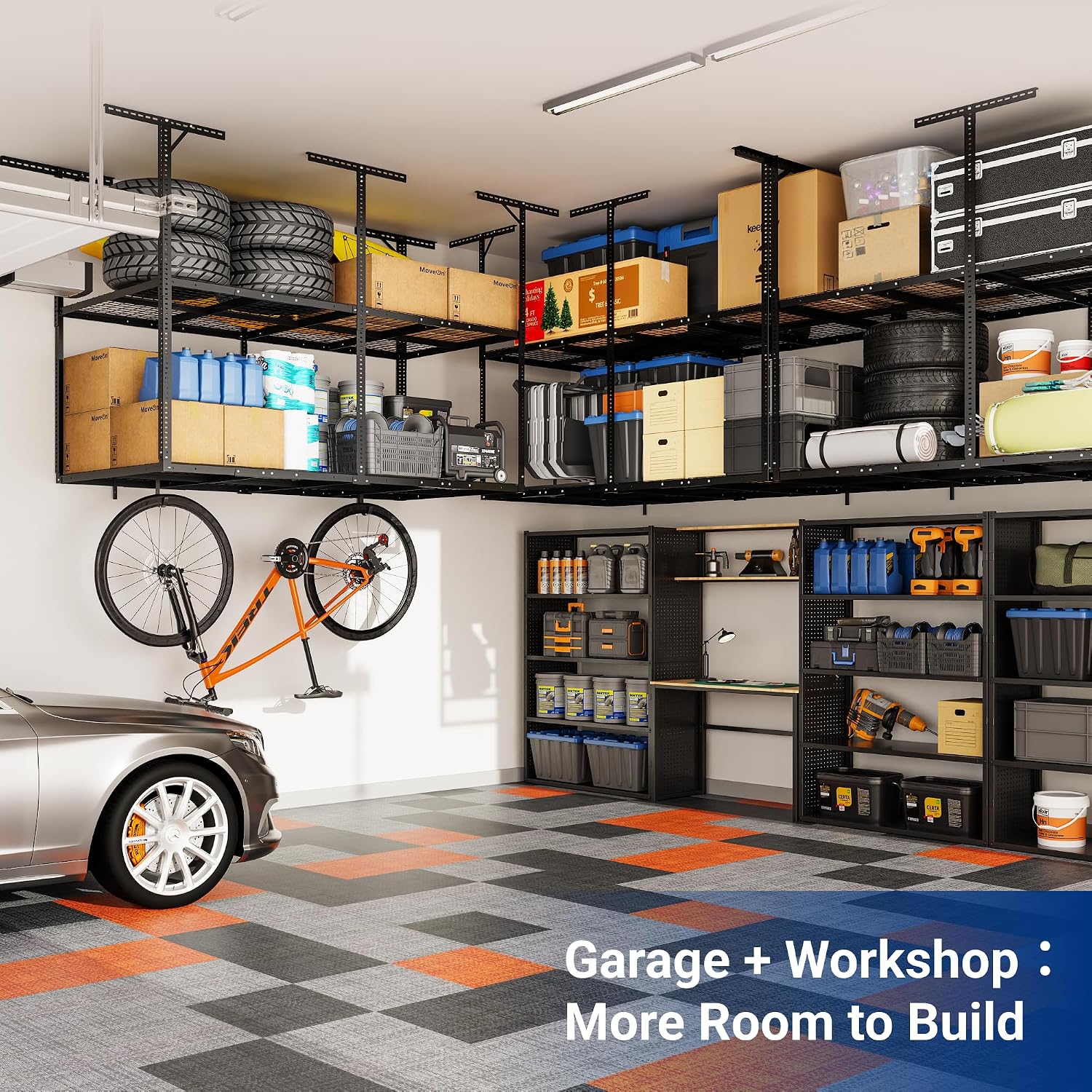 FLEXIMOUNTS 4x8 2-Tier Overhead Garage Storage Rack – Adjustable Heavy Duty Metal Garage Ceiling Storage Racks, 1000 lbs Capacity – Garages Organization System for 9–15 ft Tall Garages, Black
