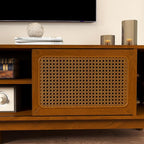 Ball & Cast 68" Mid Century Modern TV Stand for TVs up to 75", Media Console with Rattan Sliding Doors, Open Shelves & Solid Wood Legs, Entertainment Center for Living Room,Bedroom,Light Walnut