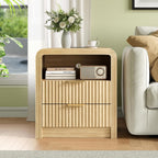 Fluted Nightstand with Charging Station, 19.7'' Wide Morden End Table with USB/Type-C Ports, 2 Drawers & Open Shelf, Curved Profile Design, Wood Bedside Table for Bedroom (Natural Oak)