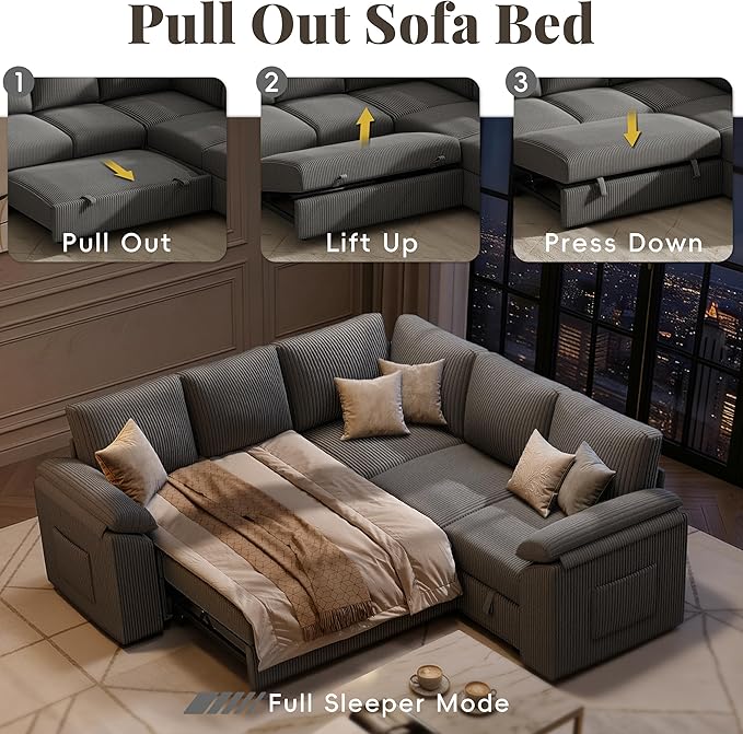 85 Inch Modular Sectional Sofa with Pull Out Couch Bed, L Shaped 5 Seat Sectional Couch with Storage, Corduroy Sectional Couches for Living Room, Cloud Modular Couch, Removable Sofa Cover, Dark Grey