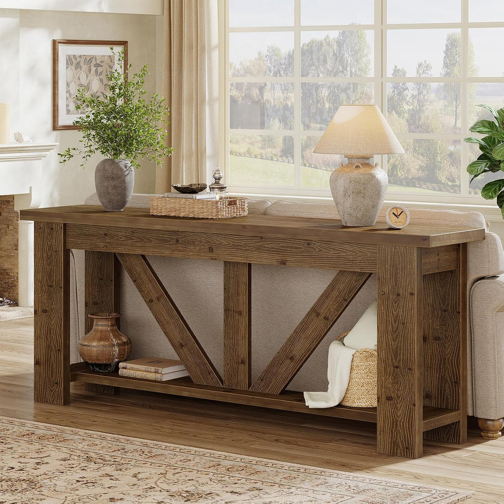 Solid Wood Sofa Table, 70.9 Inches Extra Long Console Table with 2 Tiers Stor...