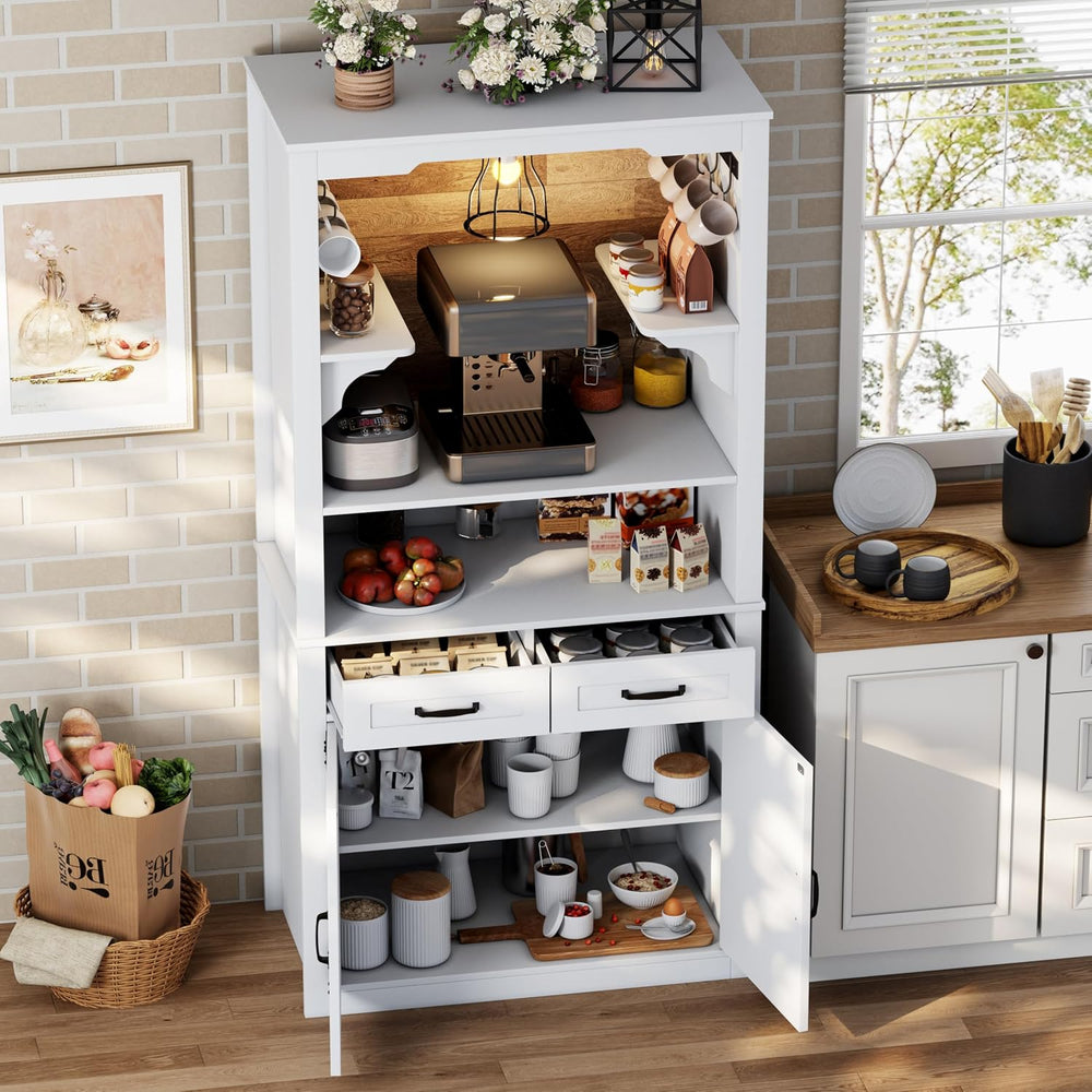 Farmhouse Coffee Bar Cabinet with Led Light - 70.8'' Tall Coffee Hutc...