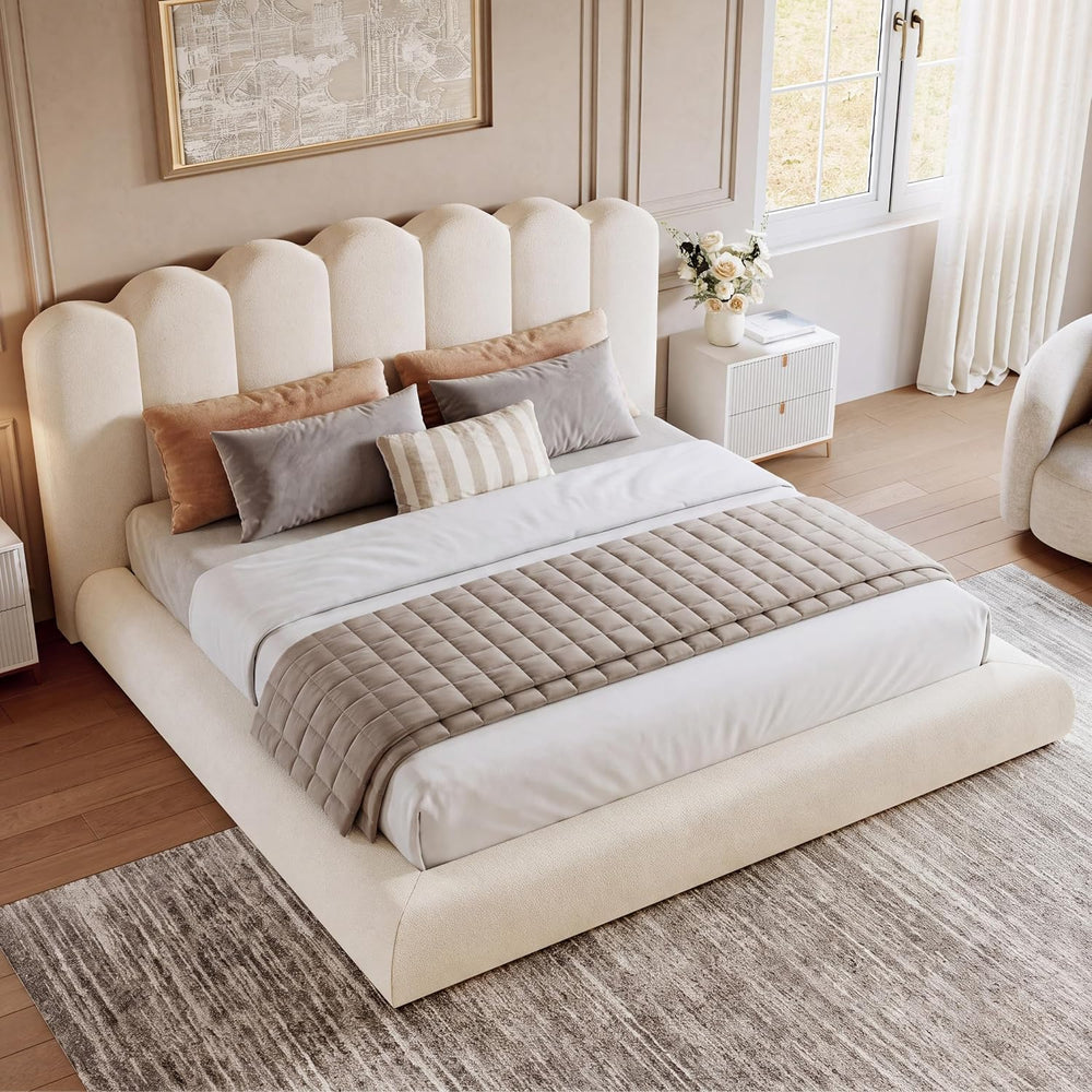 King Size Cloud Bed Frame with Wave Headboard, Upholstered Platform Bed with ...