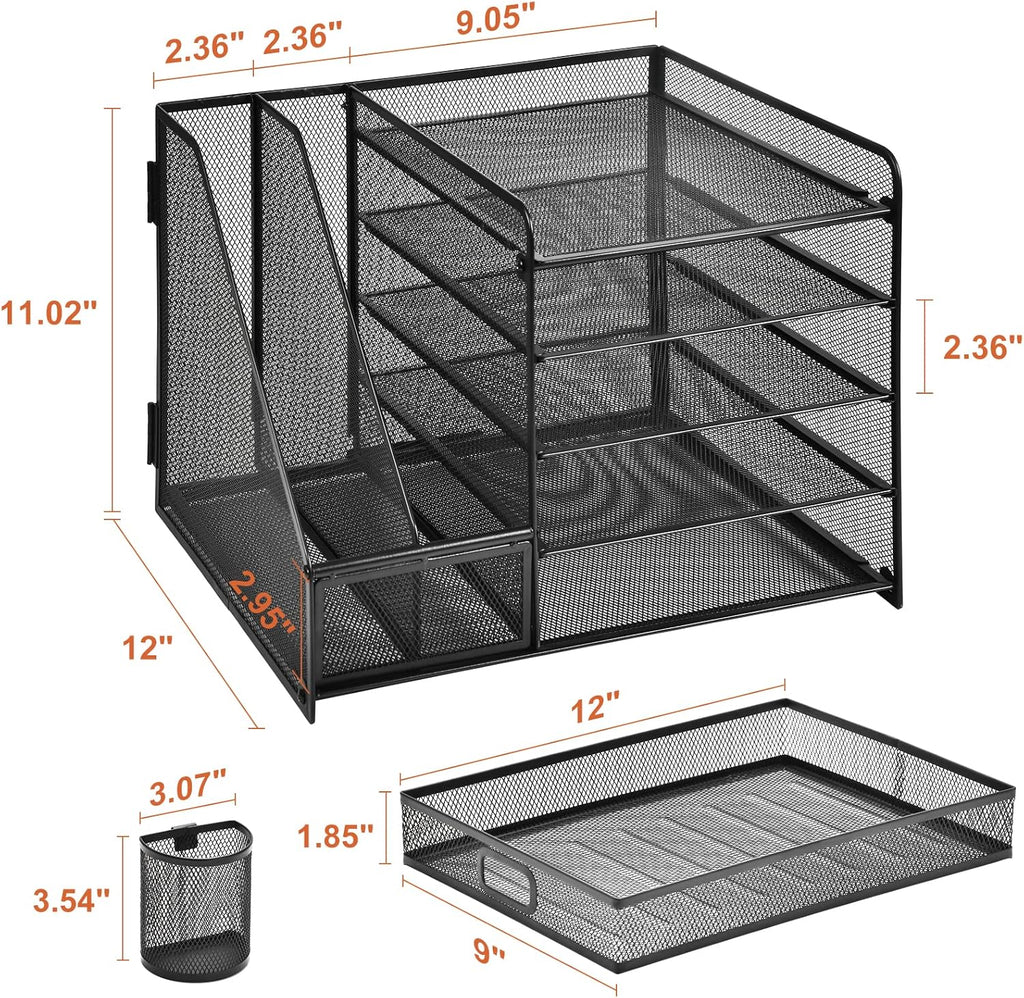 Marbrasse Desk Organizer with File Holder, 5-Tier Paper Letter Tray Organizer with Drawer and 2 Pen Holder, Mesh Desktop Organizer and Storage with Magazine Holder for Office Supplies(Black)