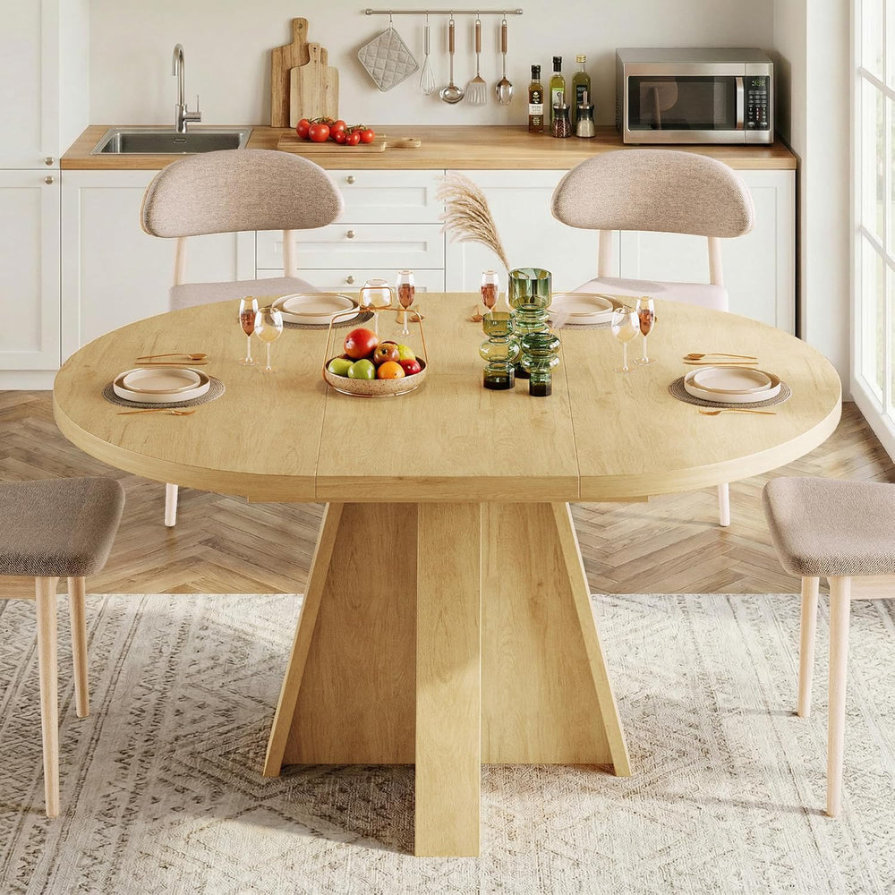 iPormis 43.3in-59in Extendable Round Dining Table for 4-6, Modern Wooden Kitc...