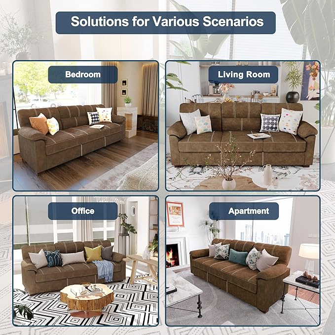 80 Inch Brown Faux Leather Sofa Couch (2 Sets) - Wide Armrests with 2 Pillows, Deep Seats, Contrast Stitching, 3 Seater Leather Couches for Living Room, Bedroom, Apartment