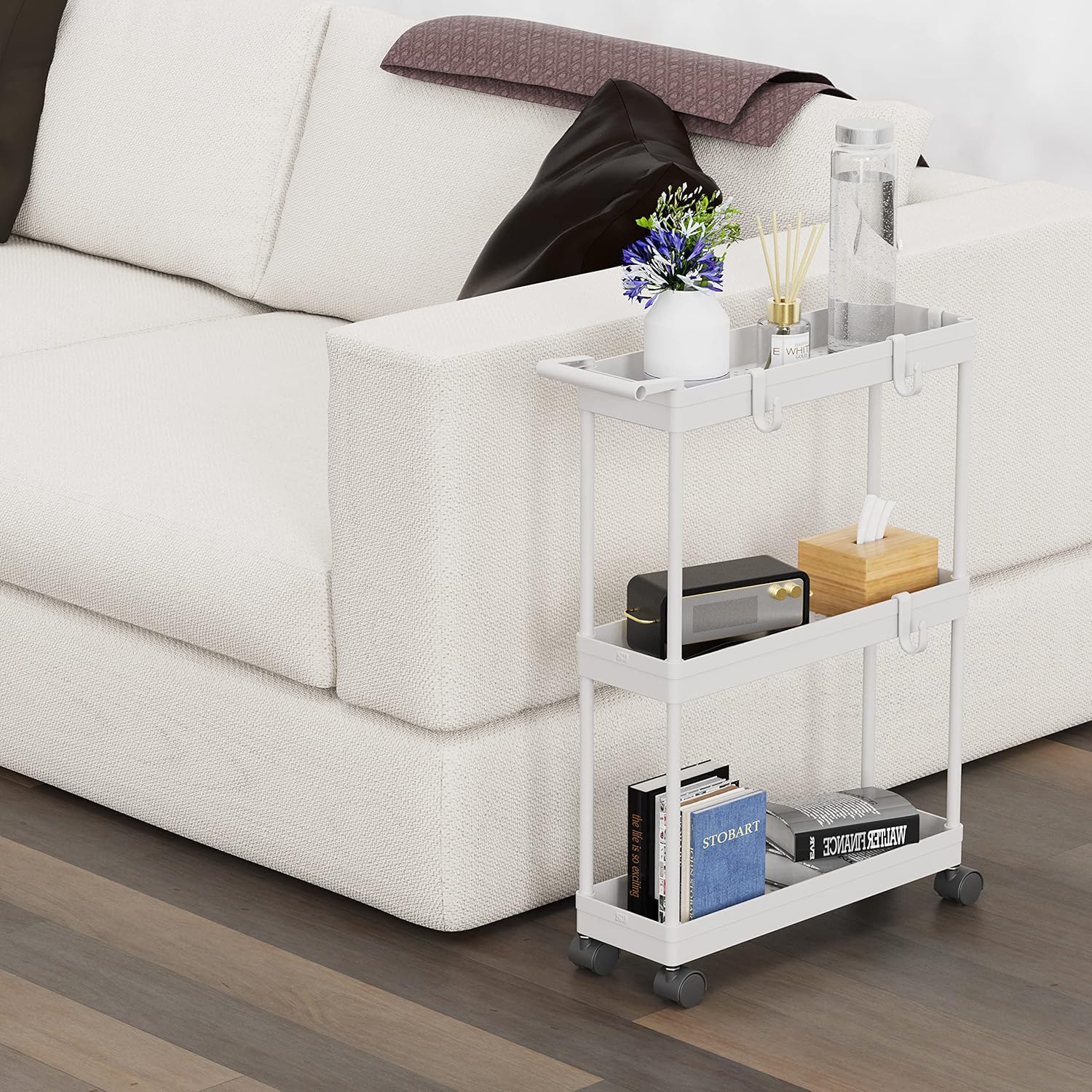 Simple Houseware 3-Tier Slim/Narrow Storage Cart with Handle, 5.5'' Wide x 27.5'' Height Rolling Organizer for Kitchen, Bathroom, Laundry Room - White