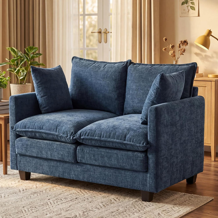 KYJ Loveseat Sofa, Cloud Love Seat Couch 3 Layer Cushion for Small Spaces | 50" Chenille Small Sofa, 27" Deep Seat, 2 Washable Pillow, in a Box for Bedroom & Living room, Singles, Couple & Kid, Blue