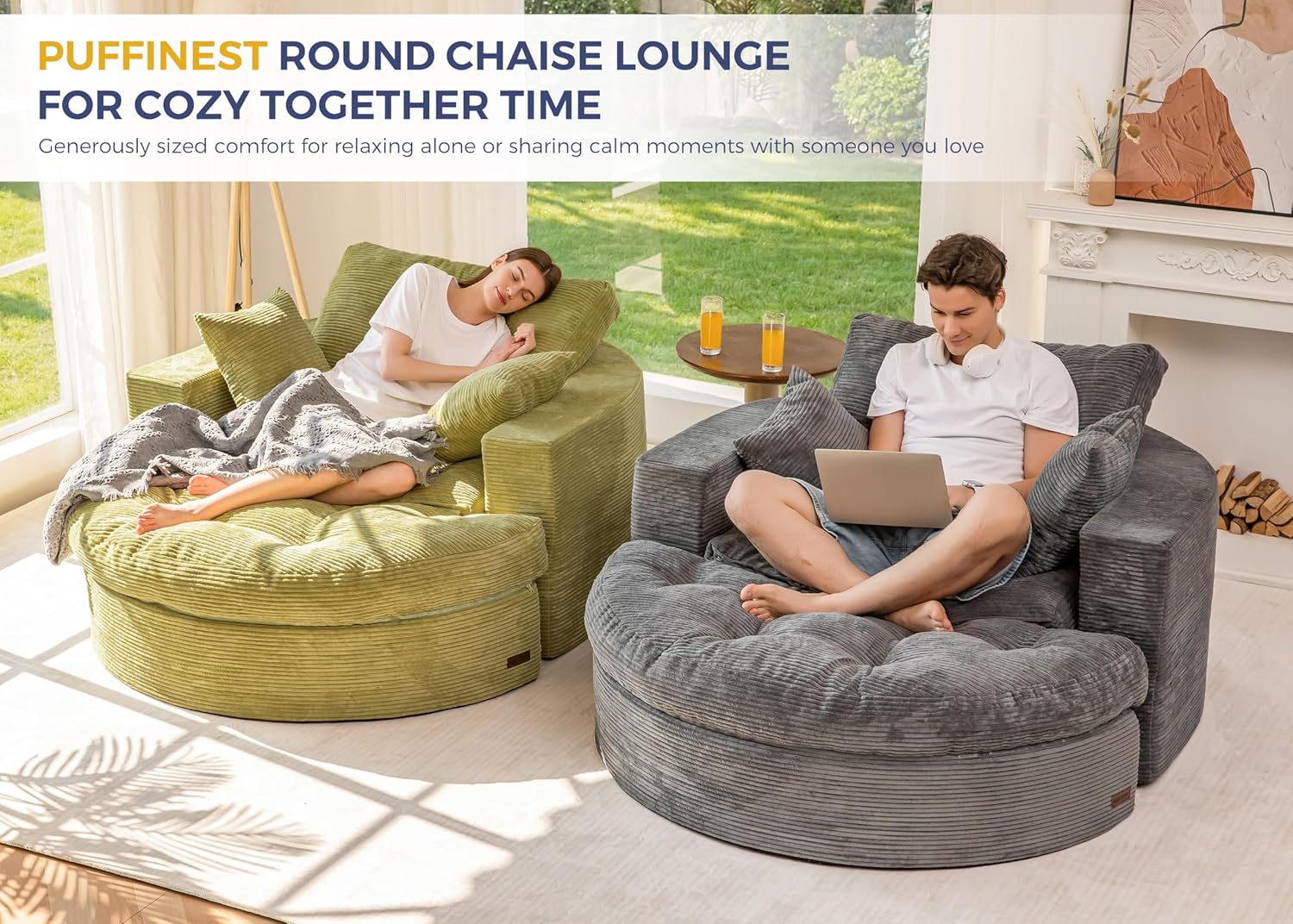 MAXYOYO Oversized Round Chaise Lounge Sofa, Upholstered Lounge Chair with 3 Pillows, Boneless Sofa Couch with Ottoman, Deep Seat Chair for Living Room, Bedroom, No Assembly, Dark Grey