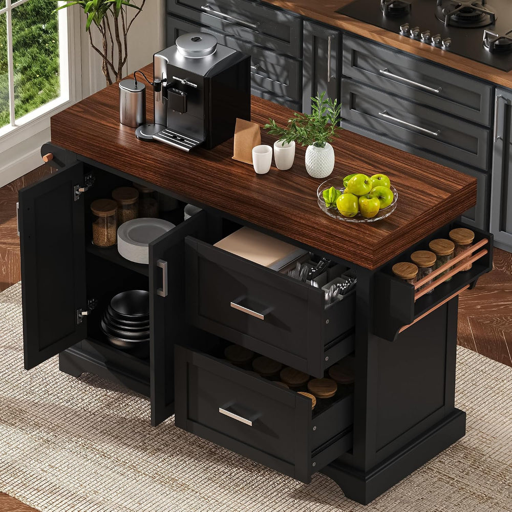 53" Large Kitchen Island with 3.5" Thick Desktop, Spice and Towel R...