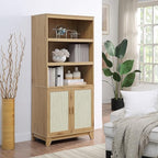 Manhattan Comfort Sheridan Modern Cane Bookcase with Adjustable Open Shelves, Soft Close Doors, and Concealed Compartments, Versatile 3 Tier Bookshelf Storage for Home and Office, Set of 1, Nature