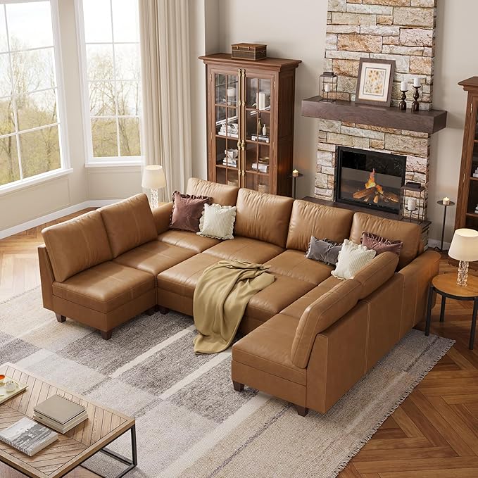 SITJOY 118" Faux Leather Modular Sectional Sofa with Storage, Mid Century Modern Sectional Couches for Living Room, Soft Padded Armrests, Oversized 10 Seat U Shaped Sofa Bed with Chaise, Brown