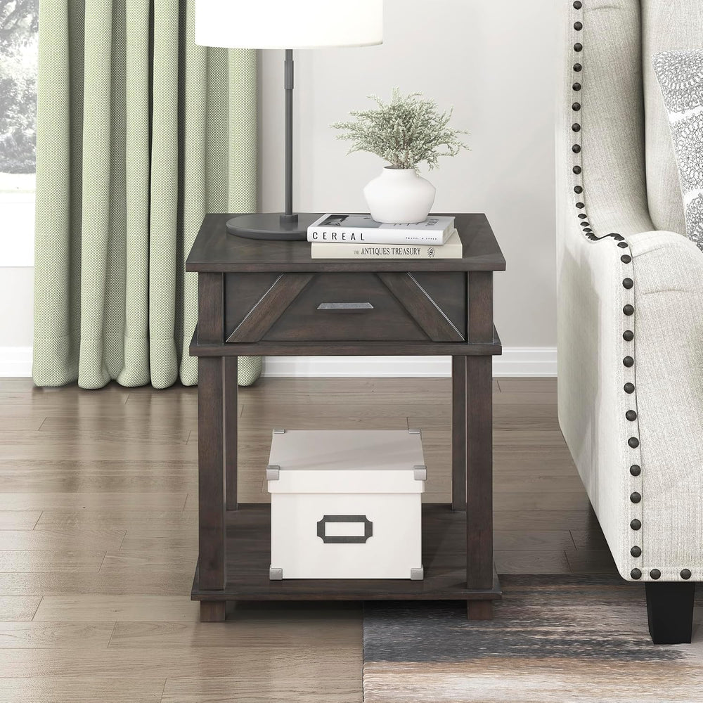 Lexicon Rectangle Wood End Table with Drawer and Lower Open Shelf, Pine Wood ...
