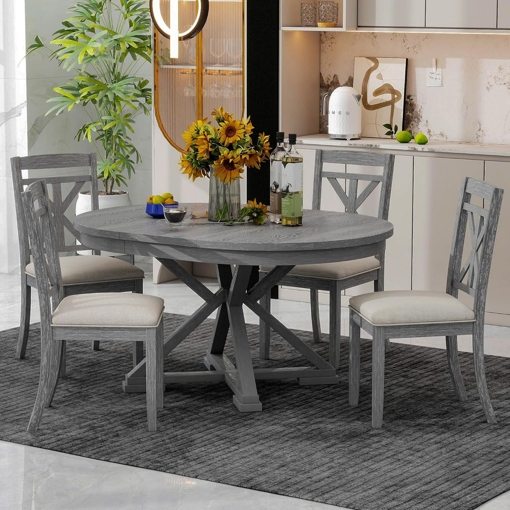 Merax Extendable Round Dining Table Set for 4, Farmhouse Kitchen Table Set wi...
