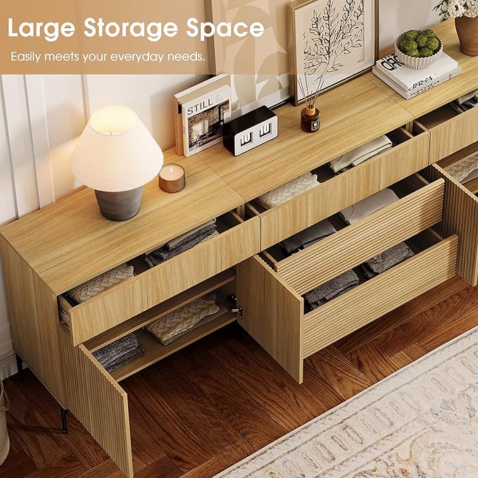 WAMPAT Fluted TV Stand for TVs up to 100", 3 in 1 Modern Entertainment Center with Storage Cabinets and 5 Drawers & 4 Doors, Wood Media TV Console Table with Storage for Living Room, Oak