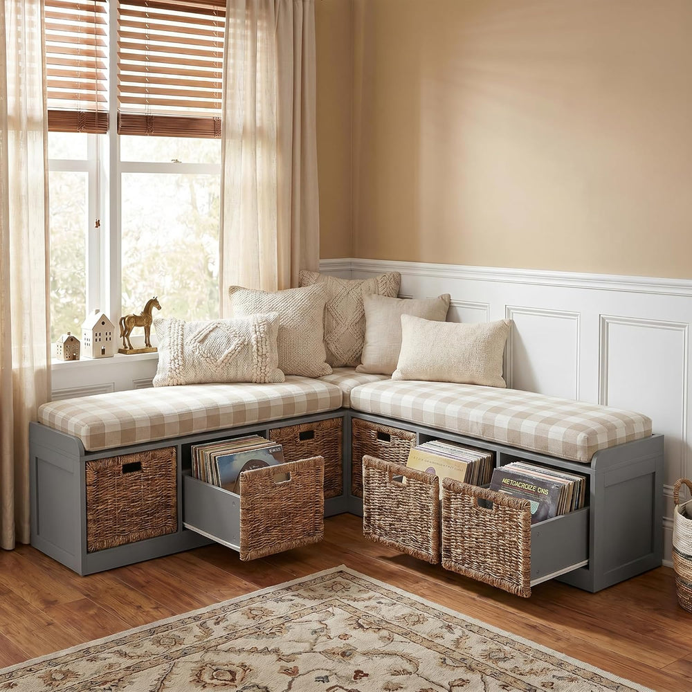 L-Shaped Storage Bench, 63" Corner Entryway Window Bench with 6 Strorage...