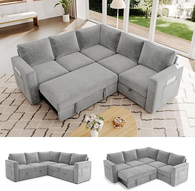 83.5" Sectional Sleeper Sofa with Pull Out Couch, Modern 5 Seat L Shaped Modular Couch, Sectionals Modular Sofa with Storage, Comfy Sectional Couches for Living Room & Apartment, Light Gray