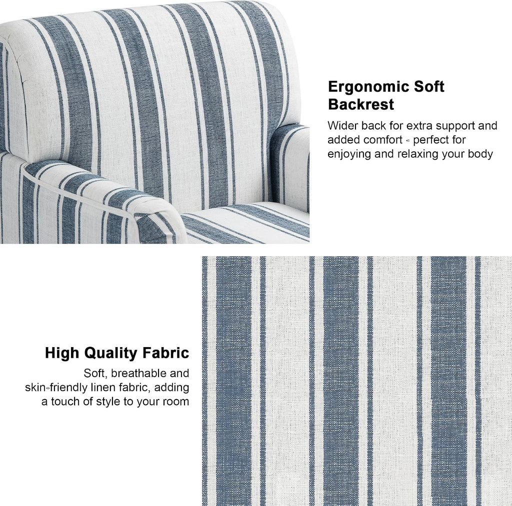 Accent Chair, Mid Century Modern Comfy Armchair for Living Room, Linen Fabric Single Sofa Lounge for Reading Bedroom Apartment Waiting Room with Wood Legs (Dark Blue Stripe, Set of 1)