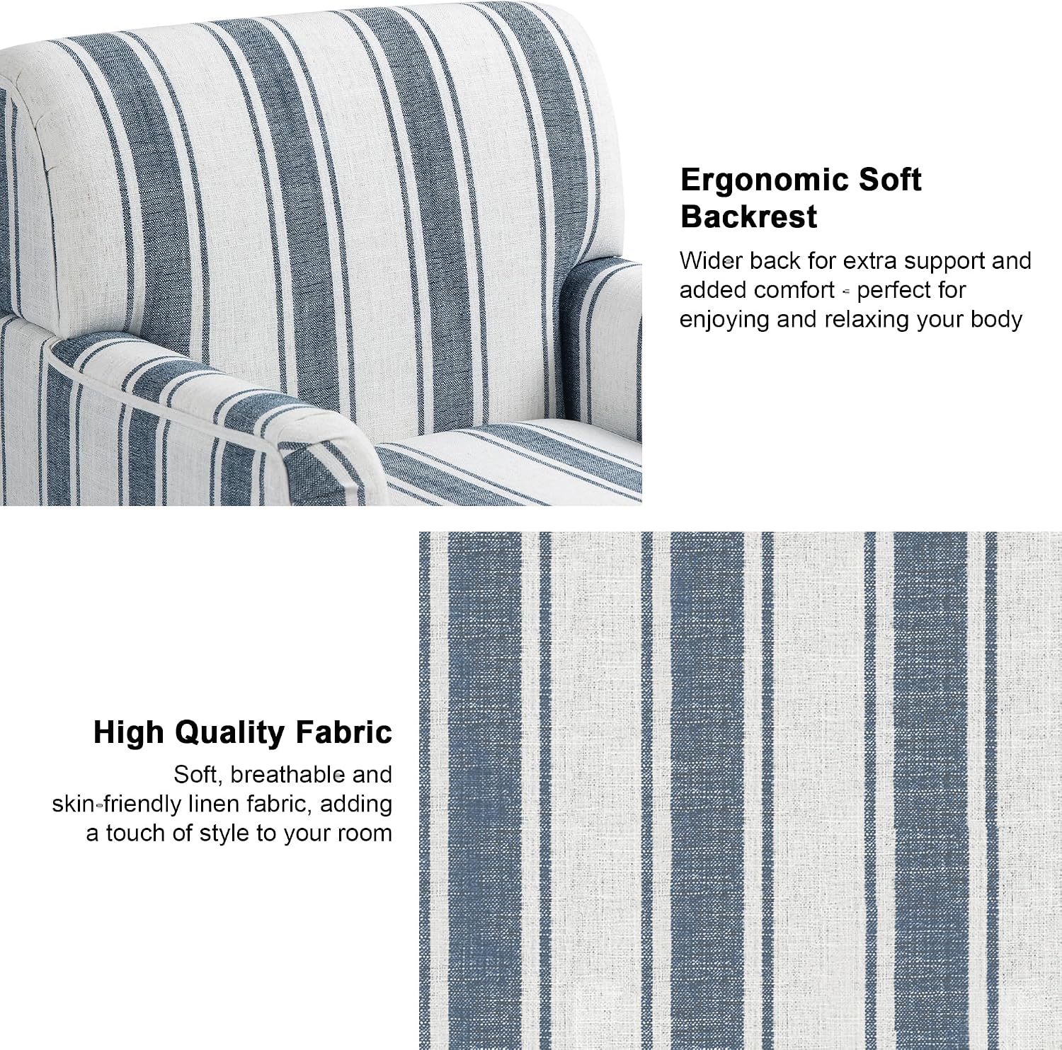 Accent Chair, Mid Century Modern Comfy Armchair for Living Room, Linen Fabric Single Sofa Lounge for Reading Bedroom Apartment Waiting Room with Wood Legs (Dark Blue Stripe, Set of 1)
