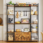 IRONCK Bakers Rack with Power Outlet, Coffee Bar Cabinet, Vintage Brown | Built-In Power Outlet. 55-inch countertop fits microwaves. Wine glass holder, 5 hooks, 2 cabinets. P2 MDF. Anti-tip.