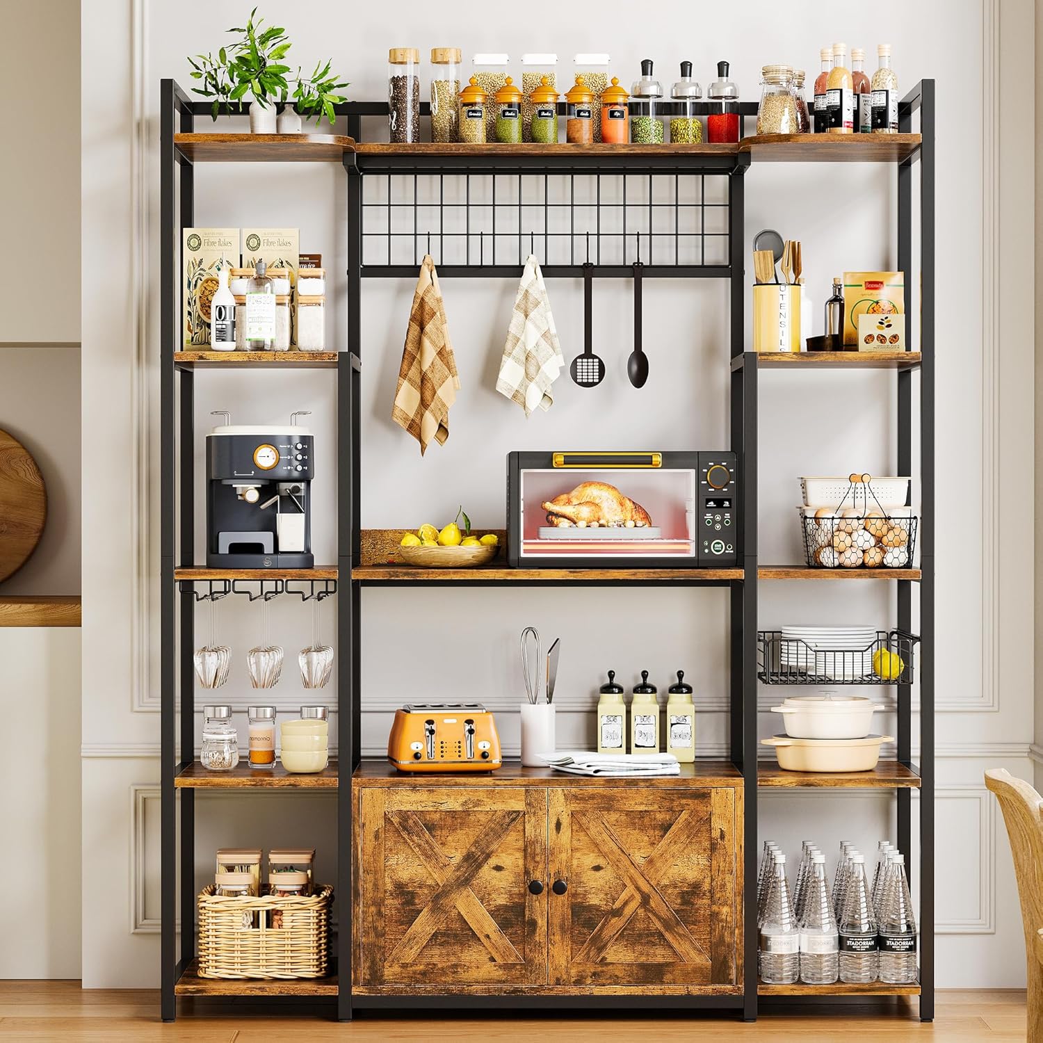 IRONCK Bakers Rack with Power Outlet, Coffee Bar Cabinet, Vintage Brown | Built-In Power Outlet. 55-inch countertop fits microwaves. Wine glass holder, 5 hooks, 2 cabinets. P2 MDF. Anti-tip.