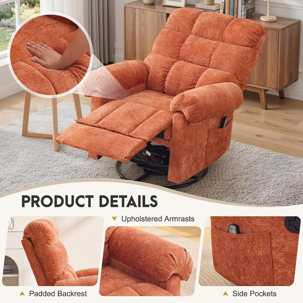 Korser 360° Swivel Rocker Recliner Chair, Rocking Chair Nursery with Massage and Heat, Small Recliners for Small Space, Manual Reclining Chair with Cozy Chenille Fabric, Side Pockets for Living Room