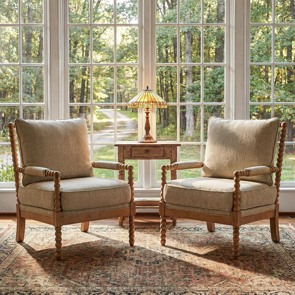 Morden Fort Linen Fabric Spindle Accent Chair with Wood Frame, French Style A...