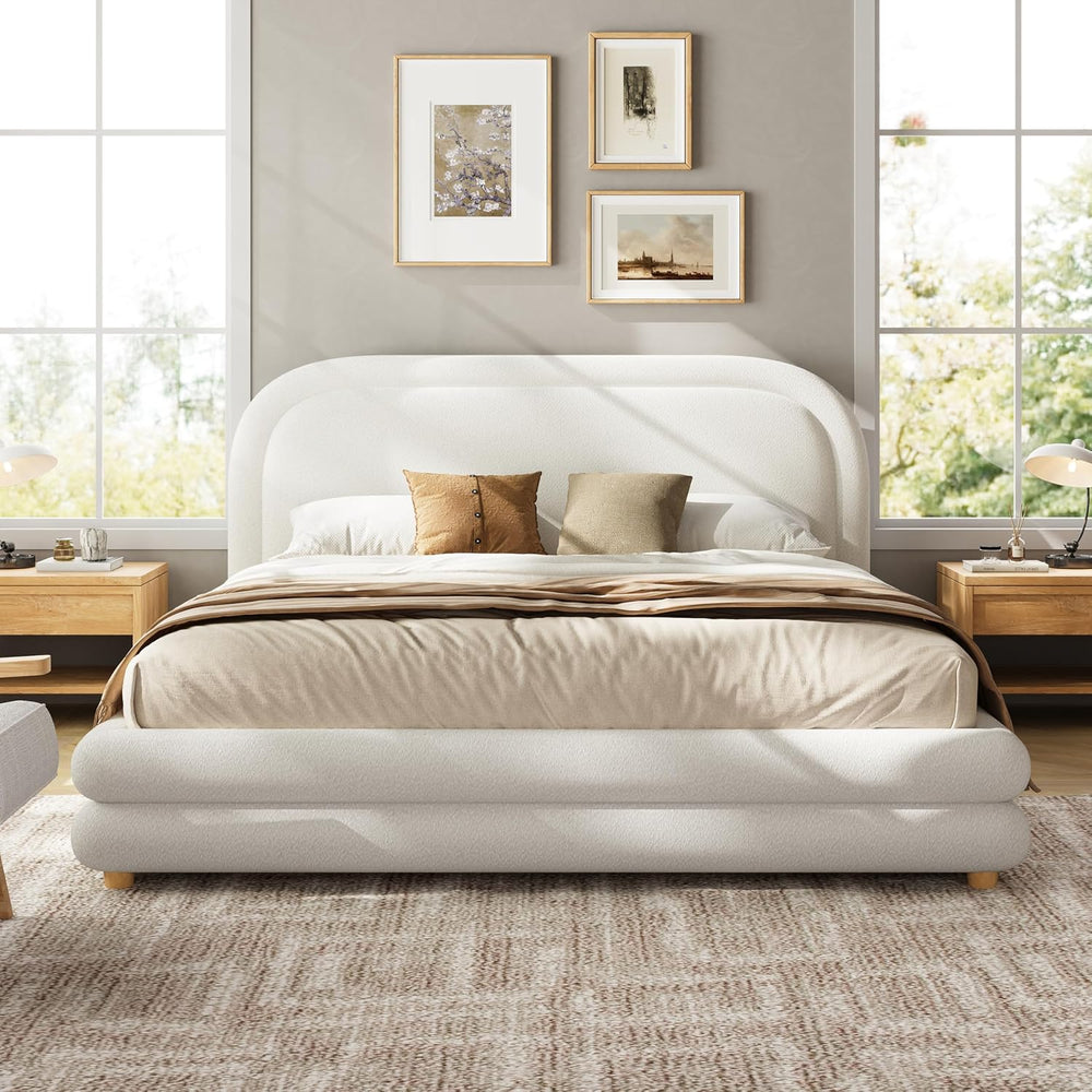 Virubi Queen Size Boucle Upholstered Bed Frame with Boucle Upholstered Thick ...