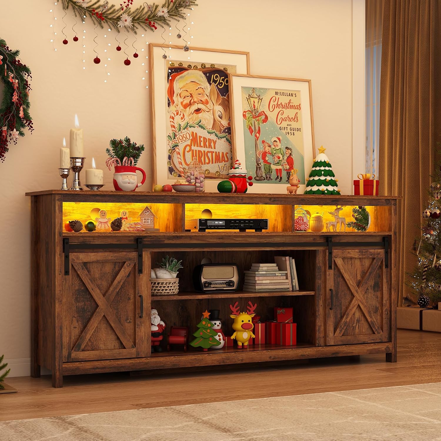 57" LED Farmhouse TV Stand for 65/60/55 Inch TVs,Tall Entertainment Center Storage Cabinets w/Power Outlets and Sliding Barn Door,Rustic TV Stands for Living Room,Media Console Cabinet (Brown)
