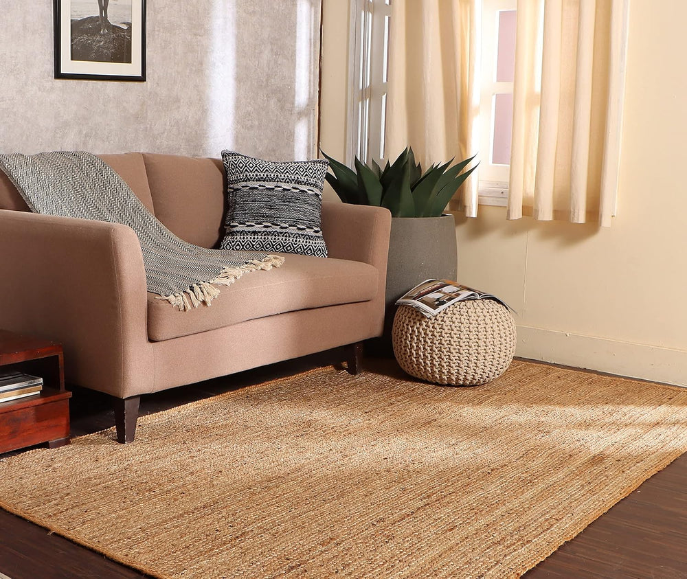 · REDEARTH · Round Pouf Ottoman - Hand Knitted Boho Poof Footrest - Ivory