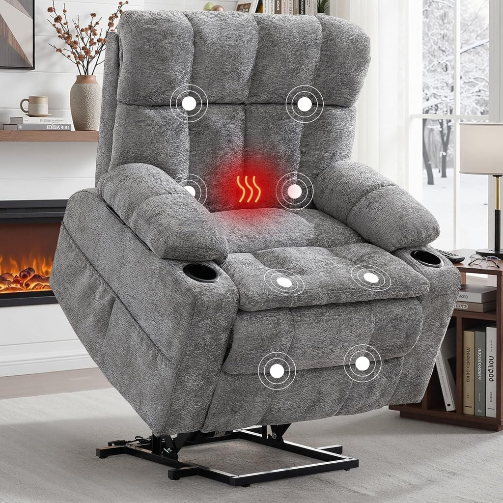 Korser Oversized Dual Motor Power Lift Recliner Chair for Elderly with Massage & Heat, Extra Wide Lift Chair with Adjustable Headrest, Electric Recliner with Storebox, Cupholder, USB, Type C, Grey