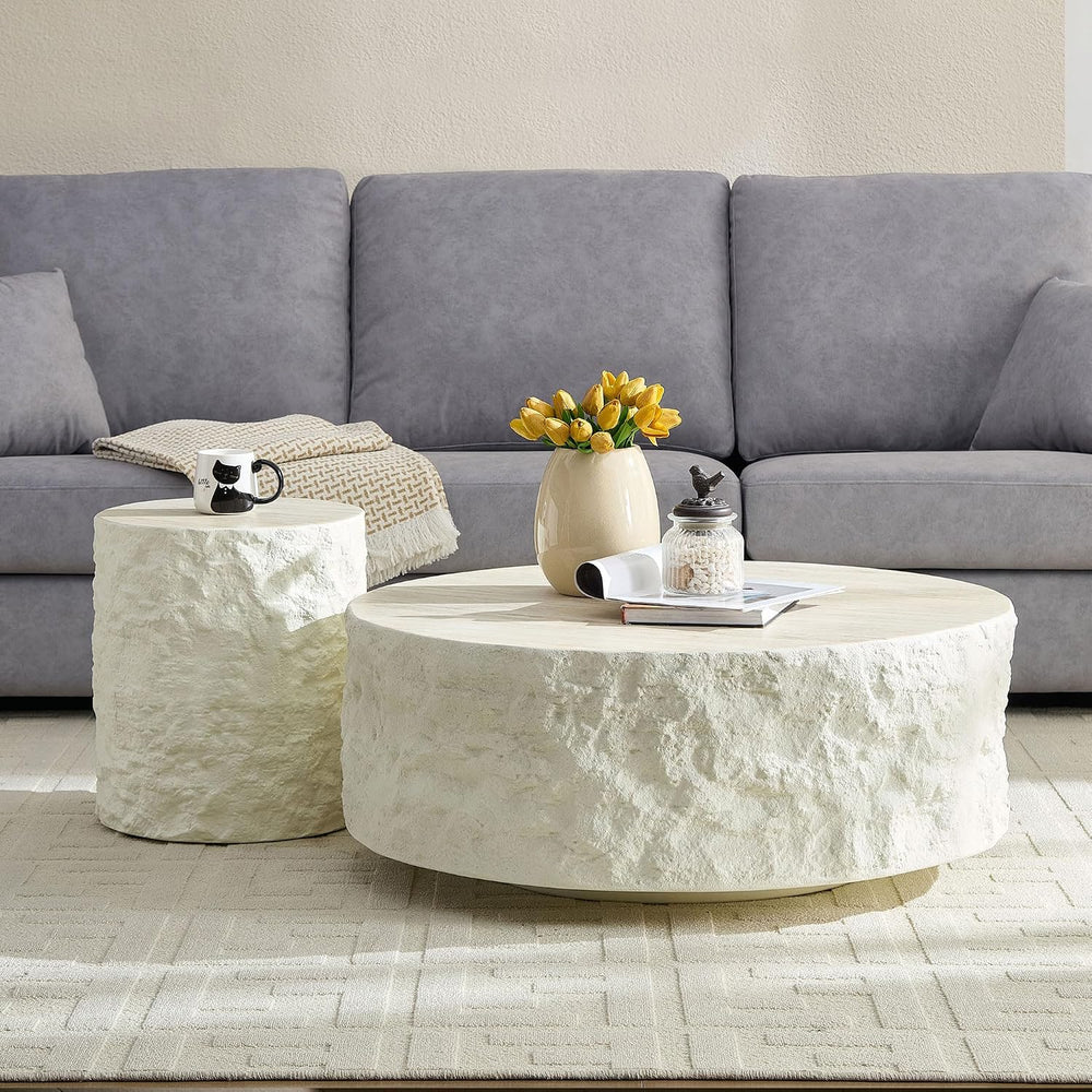 Round Side Table End Table for Living Room, Modern Contemporary Faux Stone St...