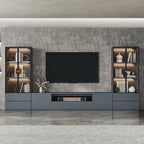 126" Grey Modern Entertainment Center for 55/65/75/85 inch TV, Included TV Stand and Two Glass Display China Cabinet, 3-Piece Lighted Media Console for Living Room (ABA-126 Cabinets Set)