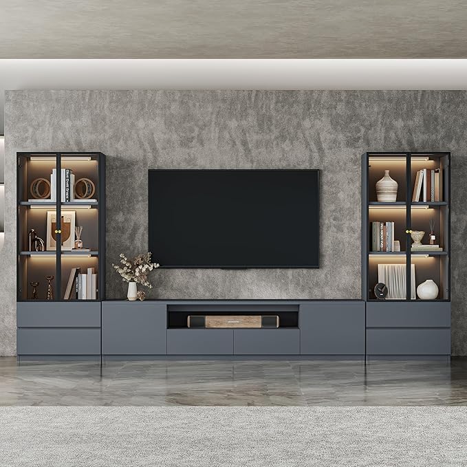 126" Grey Modern Entertainment Center for 55/65/75/85 inch TV, Included TV Stand and Two Glass Display China Cabinet, 3-Piece Lighted Media Console for Living Room (ABA-126 Cabinets Set)