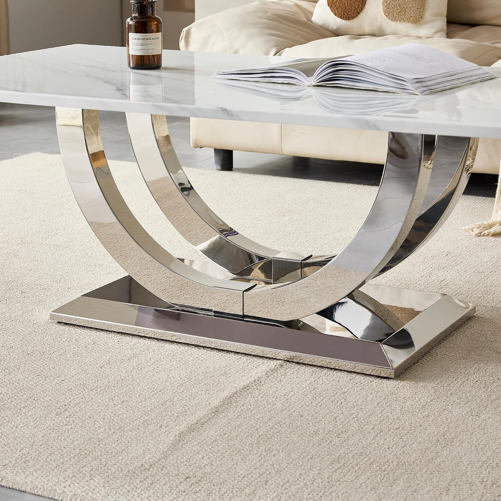 Henf Modern 50" Coffee Table White Faux Marble Center Table with Silver Mirrored Stainless Steel Base, Luxury Accent Sofa Table for Living Room Apartment (White & Silver)