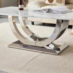 Henf Modern 50" Coffee Table White Faux Marble Center Table with Silver Mirrored Stainless Steel Base, Luxury Accent Sofa Table for Living Room Apartment (White & Silver)