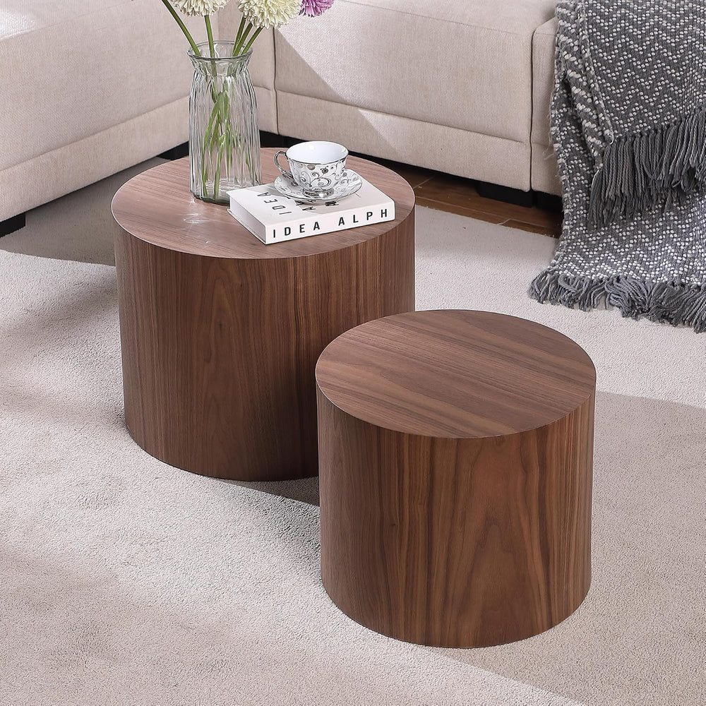 Small Coffee Table Nesting End Table Set of 2, Round Coffee Table Wood Side T...