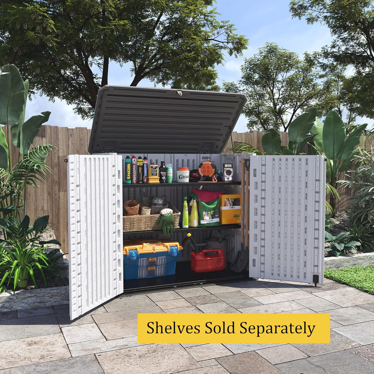 HOMSPARK Storage Shed Weather Resistance, Multi-Purpose Outdoor Storage Cabinet Waterproof, Outdoor Storage Cabinet for Bike, Garbage Cans, Lawnmower, Garden Accessories (off white, Standard-26 cu ft)