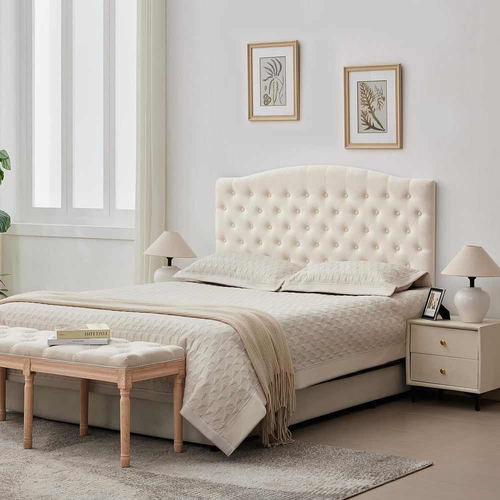 Tufted Tall Queen Size Headboard, Linen Button Diamond Headboards, Beige