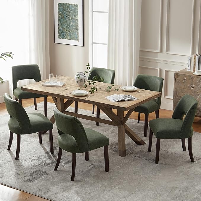 VKNOW Modern Dining Chairs Set of 6, Faux Leather Upholstered Dining Room Chair Kitchen Chairs, Farmhouse Dinner Chair for Kitchen Dining Room, Green