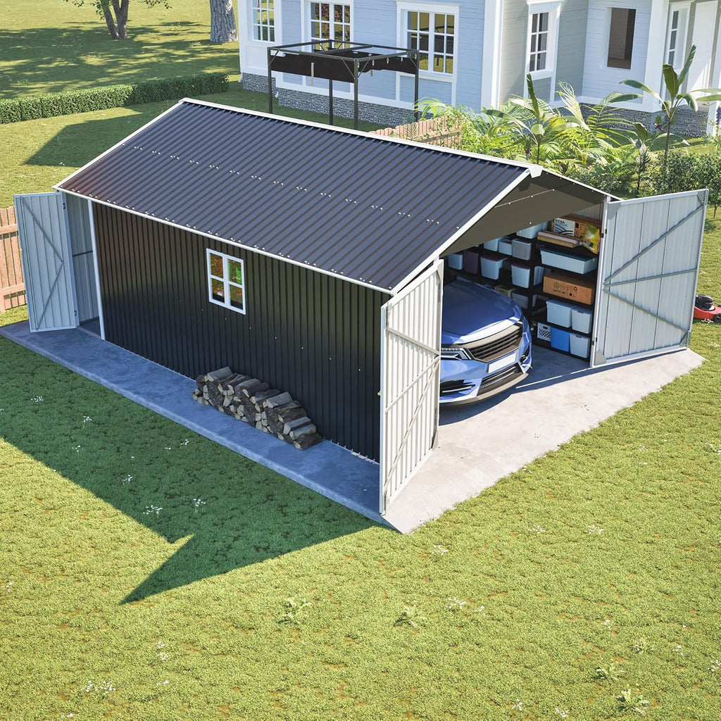 12x20 FT Heavy Duty Metal Garage Shed, Extra Large Outdoor Storage Building with Double Doors, Side Door & Window, Waterproof All-Weather Steel Carport for Vehicle & Equipment Storage