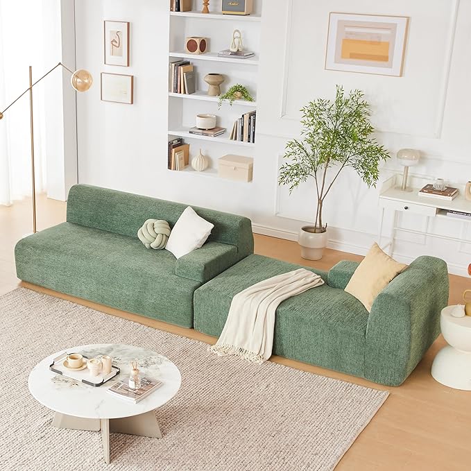 107" Modular Sectional Cloud Couch, Boneless couches Sponge sectionals for Living Room, High Density Sponges Sofa, Modular L-Shape with Chaise, Green