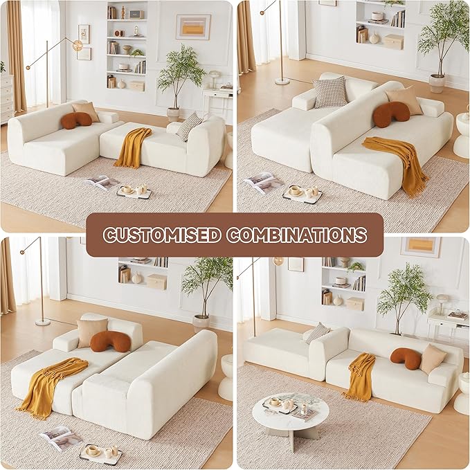 107" Modular Sectional Cloud Couch, Boneless couches Sponge sectionals for Living Room, High Density Sponges Sofa, Modular L-Shape with Chaise, Beige