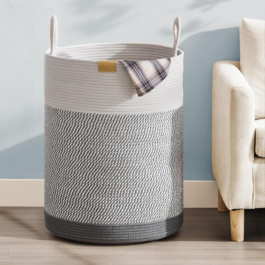 Laundry Hamper 95L,Large Laundry Basket for Clothes,Decorative Storage Basket for Blankets,Cotton Rope Woven basket for bedroom,Grey White