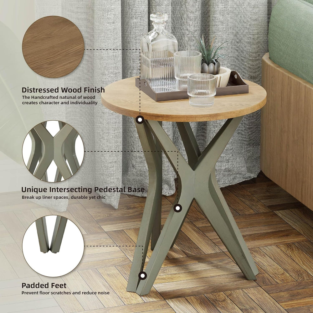 Pedestal Farmhouse End Table, Distressed Top with Tripod Base Bedside Table f...