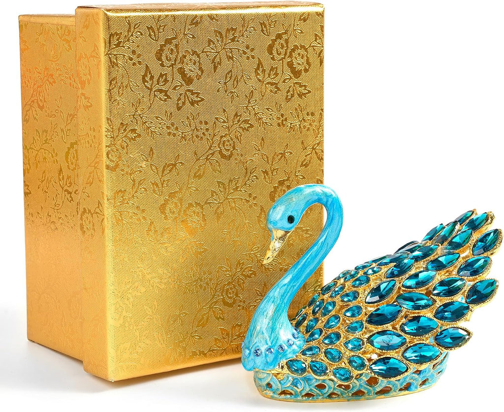 3.7-inch Blue Swan Figurine Jewelry Trinket Box, Enamel Hand-painted Swan Box with Gems, Hinged Jewelry Boxes - Ring Holder, Organizer, Home Decor, Wedding Favor Gift