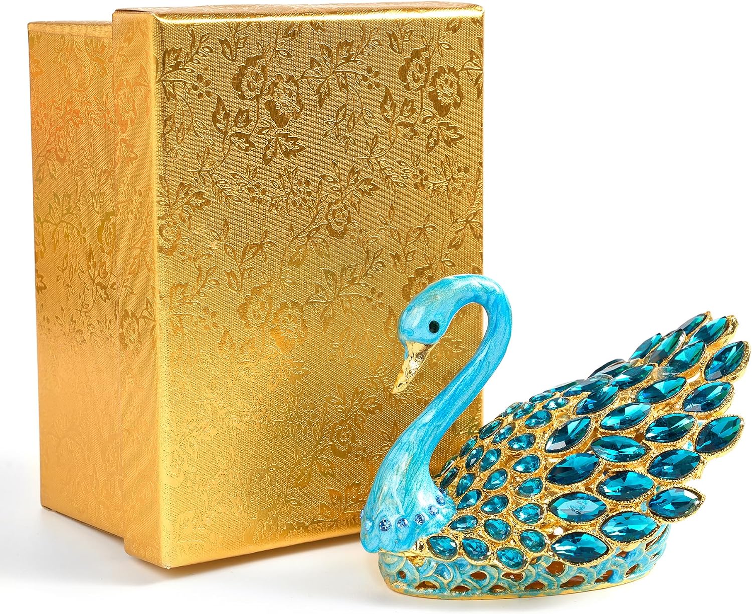 3.7-inch Blue Swan Figurine Jewelry Trinket Box, Enamel Hand-painted Swan Box with Gems, Hinged Jewelry Boxes - Ring Holder, Organizer, Home Decor, Wedding Favor Gift