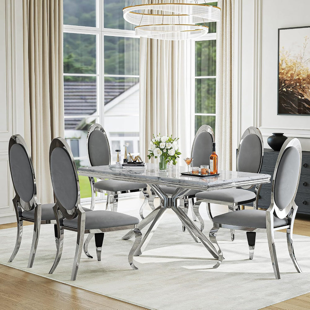 Luxury 7-Piece Dining Room Set, 70 Inch Silver Large Kitchen Table with Oval ...